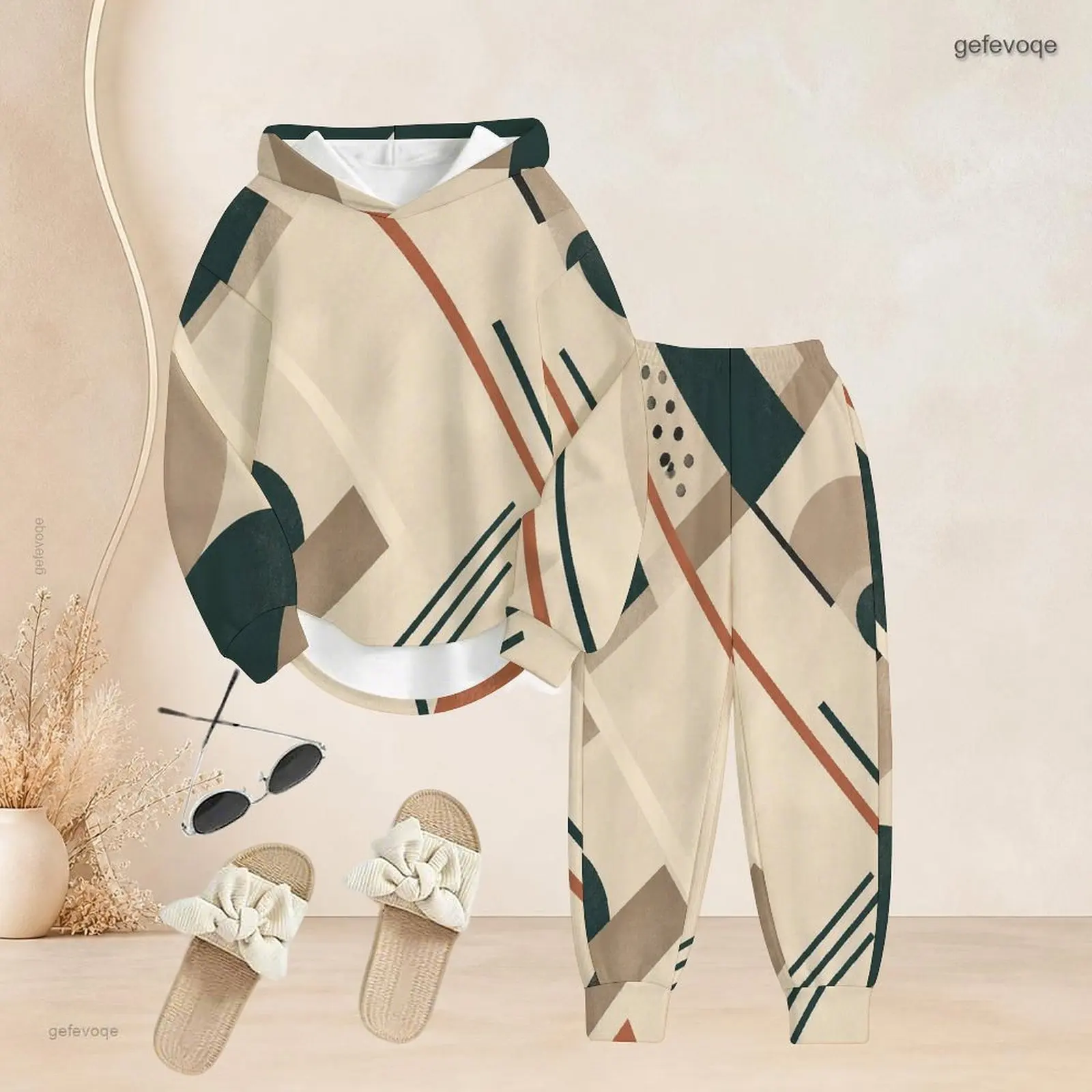 Women Long Sleeve Hooded Top Cuffed Pants Two Piece Printed Pants Set