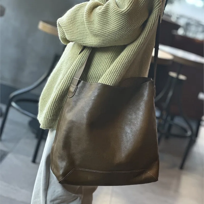 Johnature Simple Bucket Shoulder Bags 2024 New Genuine Leather Vintage Women Tote Bag Large Capacity Cowhide Shopping Bag