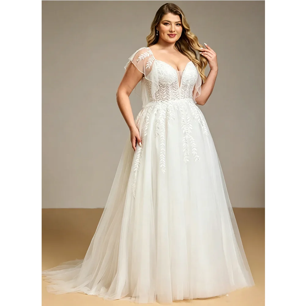 Plus Size Wedding Dresses For Bride Elegant V-neck Tulle A-line Bridal Gowns Backless Lace Applique Brides dress Customized