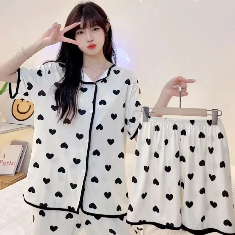 

2025 New Pajamas Female Spring, Summer and Fall Thin Three-Piece Set of Short-Sleeved Pants Cute Loose Casual Pajamas Homewear
