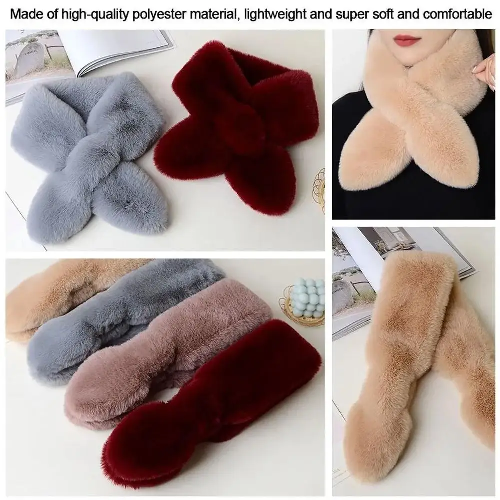 Bonito falso pele de coelho cruz cachecol pescoço mais quente feminino cor sólida pelúcia engrossado inverno gola de pele acessórios versáteis