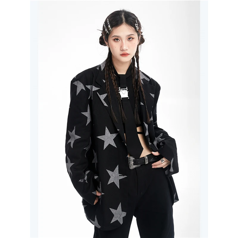 

Women's Clothing Black Suit Coat Star Print Single-breasted Contrasting Colors Fashion Oversized Leisure Winter Outerwear Tops