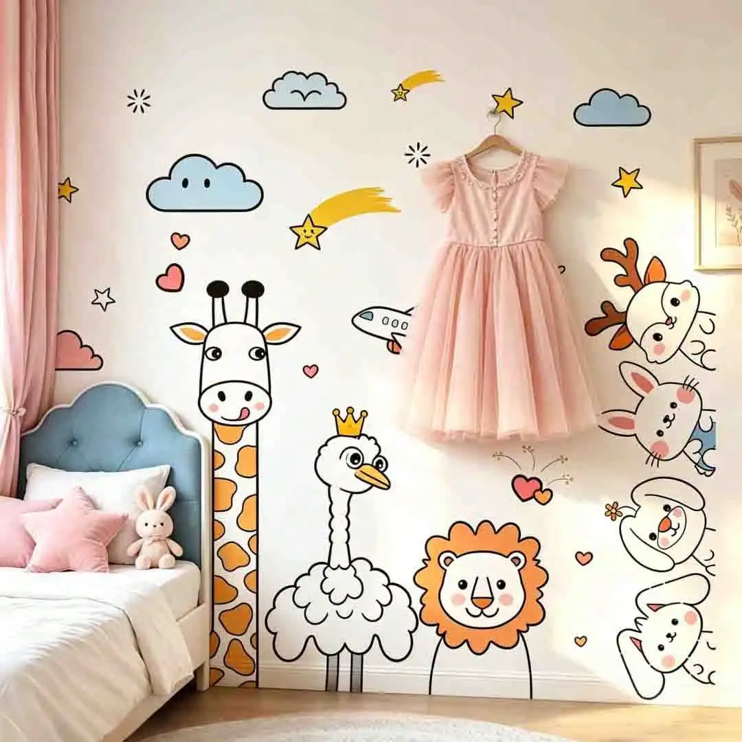 Childhood Fun Simple Pen Animal Wall Stickers Living Room Bedroom Bedhead Renovation Ins Style Cute Decorative Stickers