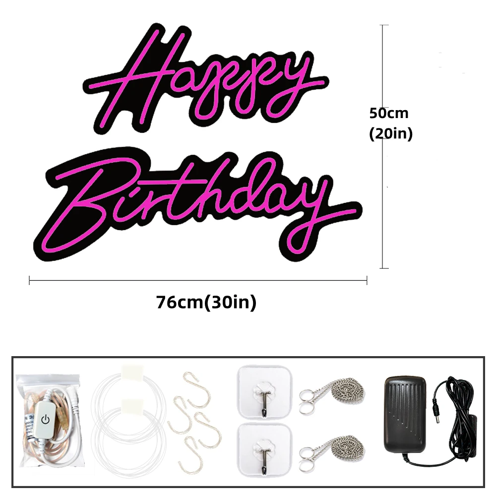 Sinal de néon de feliz aniversário de tamanho grande 76cm e sinal de luz de festa de aniversário personalizado, néon flexível regulável com suporte acrílico transparente