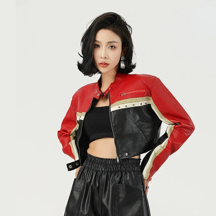 New Spring Autumn Women Fashion Punk Biker Core Color Block Zipper Studded Detail Crop PU Leather Jacket Y2K Short Outerwear