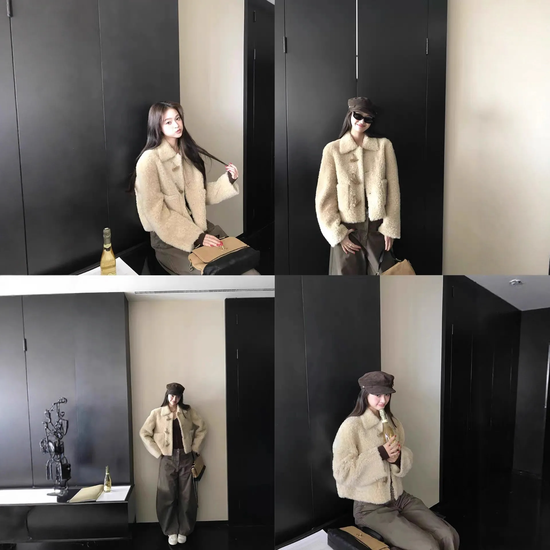 Short Cow Horn Button 100 Sheep Fur Grass Coat for Women In Autumn and Winter 2025 Lamb Fur Jacket