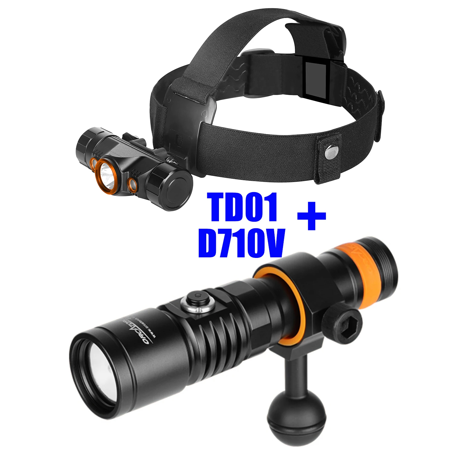 ORCATORCH TD01 Dive Headlamp+D710V Professional Underwater Video Light Powerful Scuba Diving Torch Rechargeable LED Head Lantern