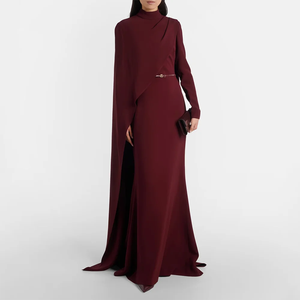 

High Colar Shawl Sweep Train Prom Gowns Long Sleeves Jersey A-line Evening Dresses Customzied Party Dress with Sash 2026