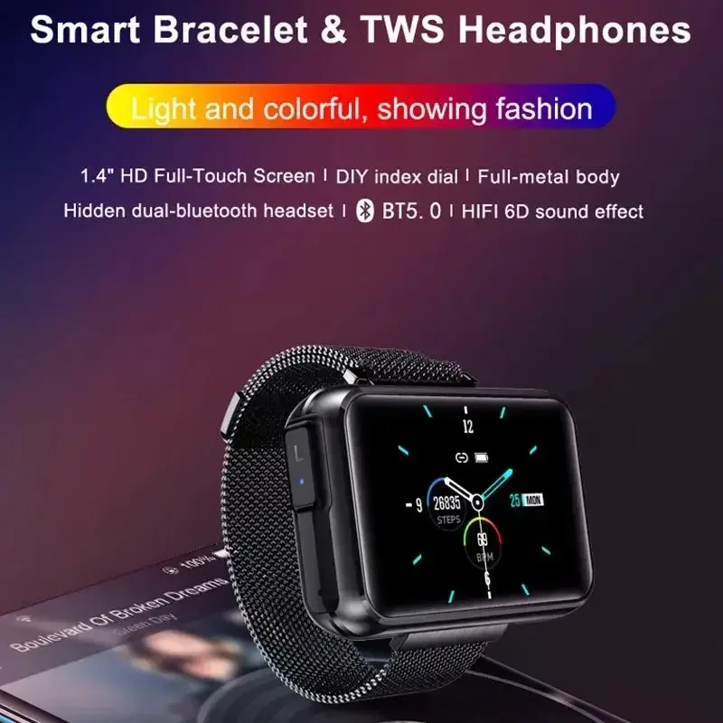 Heart Rate Tracker  Bluetooth Call Sports Smart Bracelet 2 in 1 TWS Wirelss Earbuds Big DIY Screen Waterproof Smart Watch