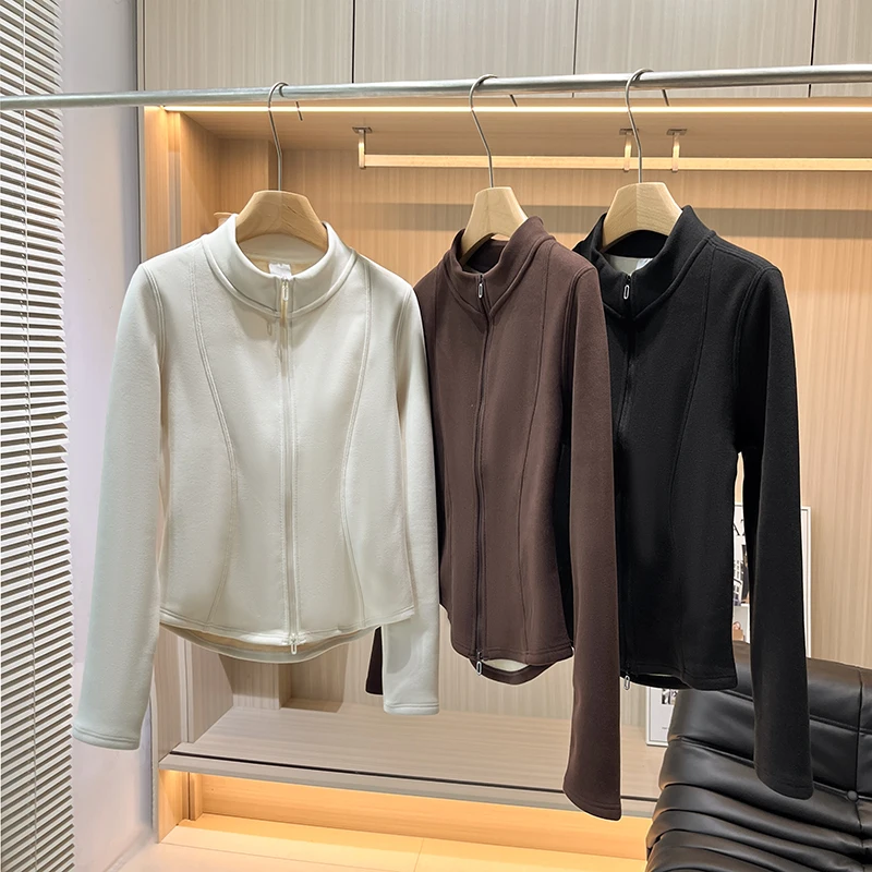 

LU Sle, теплая приталенная подкладка, воротник-стойка, двойная молния, мягкая внешняя куртка для женщин, осенне-зимнее пальто