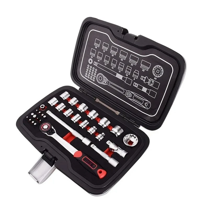 31-Piece 3/8 Drive Ultra-Short Ratchet Wrench Set Multi-Function Socket Tool Kit for Motorcycle Car Maintenance Repair