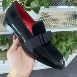 New Fashion Luxury Patchwork Mens Loafers With Bow Black Patent Leather Shoes Men Dress Shoes Flats Party And Wedding Shoes