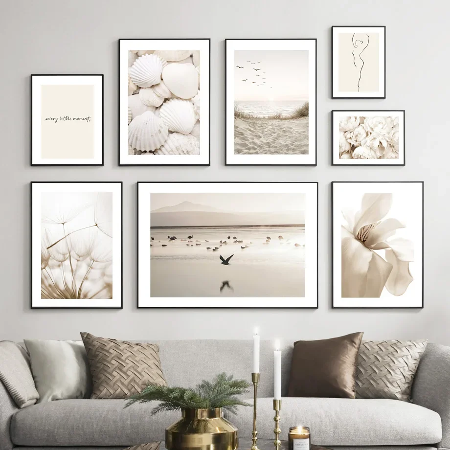 Scandinavian Simple Wall Art White Seashells Beach Flowers Dandelions Canvas Poster Prints Home Bedroom Living Room Decoration