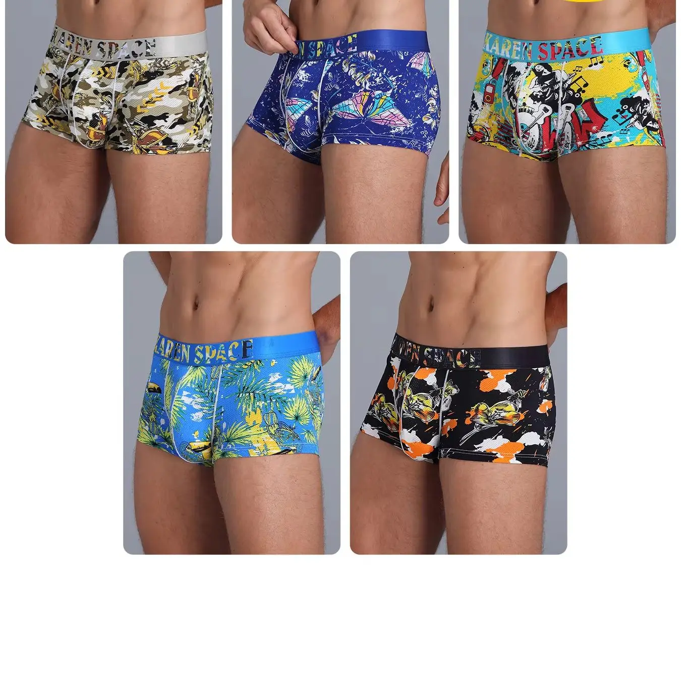 Men's Low Waist Mini Boxer Trunks Sexy Ice Silk Underwear with U Convex Pouch Quick Drying Printed Bikini Briefs Randomly 2pc