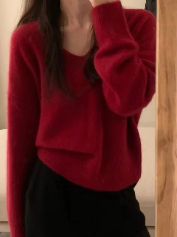 

Красный вязаный свитер с мехом медведя в стиле ретро, женский свободный удобный весенний новый вязаный длинный свитер, повседневный пуловер, топ