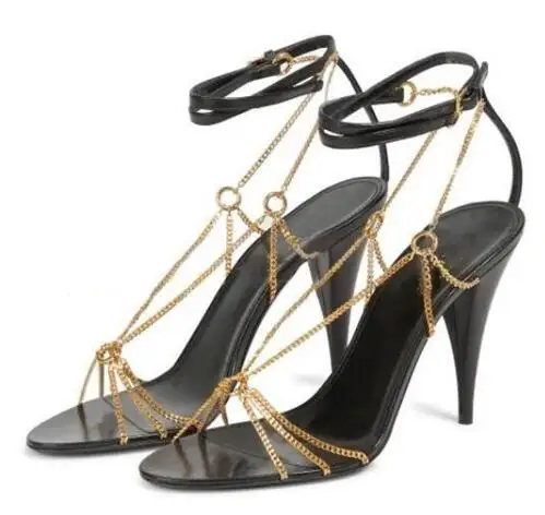 

New Women Gold Chains Open Toe Ankle Buckle Strap Summer Sandals Female Spike Heels Banquet Dress Shoes Size 46 Drop Shipping