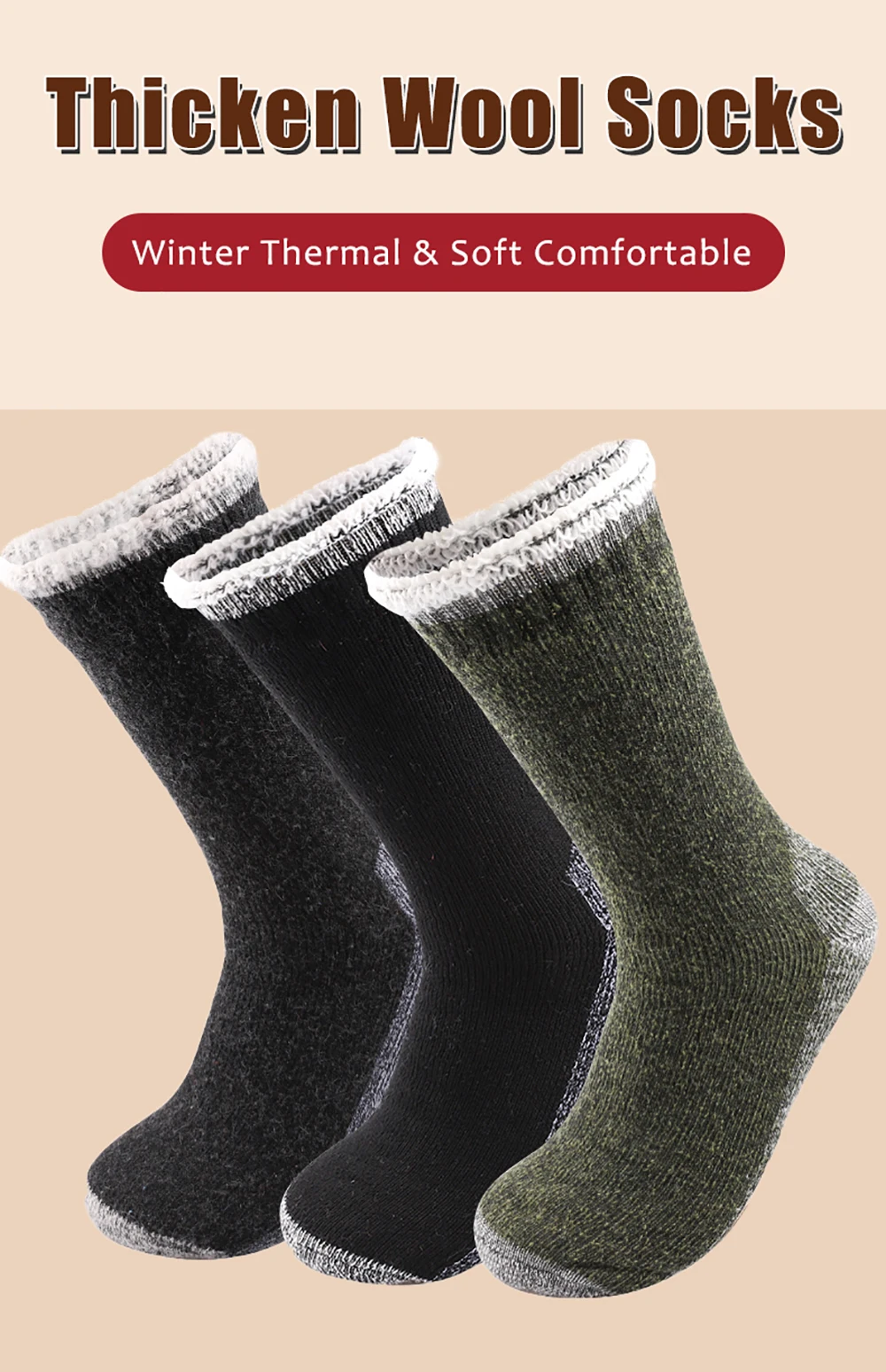 3Pairs Super Dicke Merino Wolle Socken Männliche Männer Winter Thermische Kaschmir Socken Fleece Terry Schleife Mittelrohr Socken Hohe qualität – Detail 2
