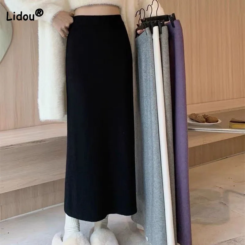 

Autumn Winter New Simplicity Elastic Solid Color Knitted Skirt Women's Clothing All-match Straight High Waist Bag Hip Skirts