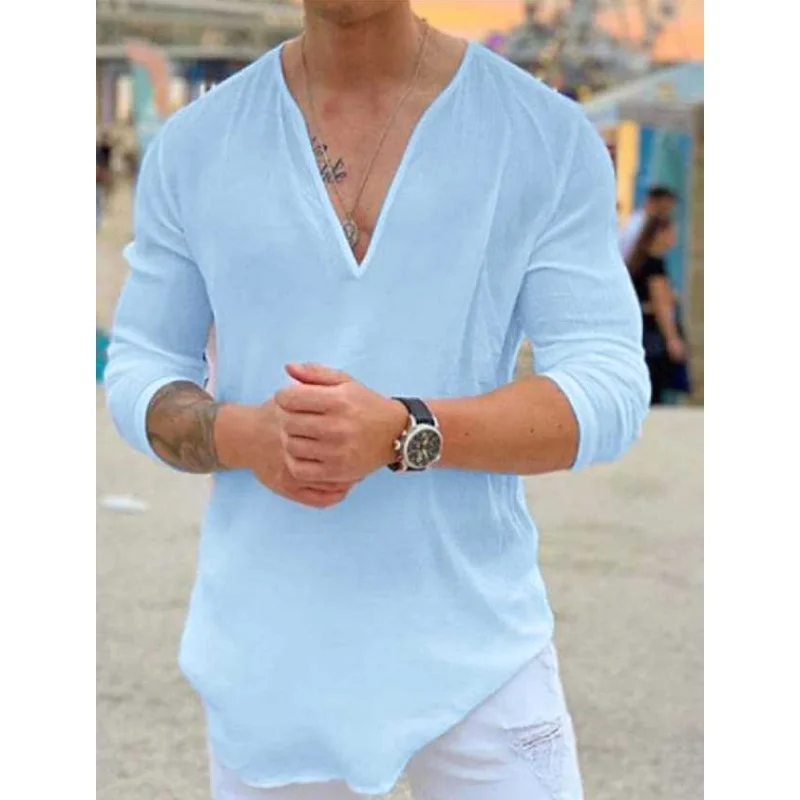 New fashion V-neck shirt men\'s solid color casual breathable long sleeve beach shirt Hawaiian men\'s shirt