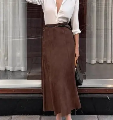 Outono e inverno retro nova moda de malha fosco marrom fino ajuste cintura alta saia tubo reto elegante meia saia feminina