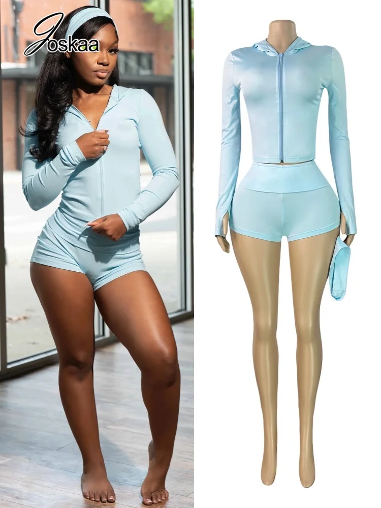 Joskaa Casual Solid Sporty 3 Piece Sets Women Hooded Zipped Long Sleeve Tops+Folded Shorts+Headbands Matching Holiday Tracksuits