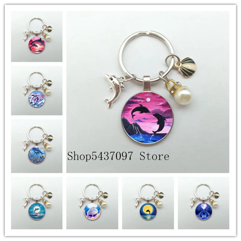 New cute marine life keychain pearl shell keychain dolphin keyring pendant round metal glass keyring pendant