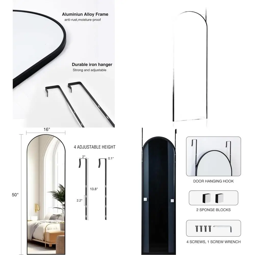 

50 Black Full-Length Door Mirror, 16 Wide, Ideal for Bedroom, Living Room, or Bathroom