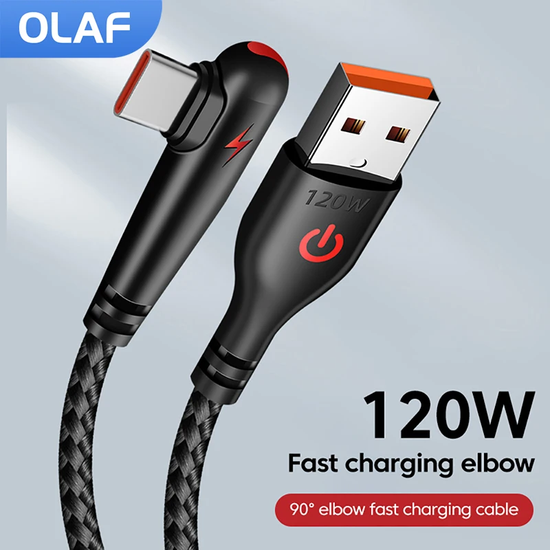 Olaf 120W USB Type C Cable For Realme Huawei P30 Pro 90° Elbow Fast Charging Wire USB-C Charger Data Cord For Samsung Oneplus