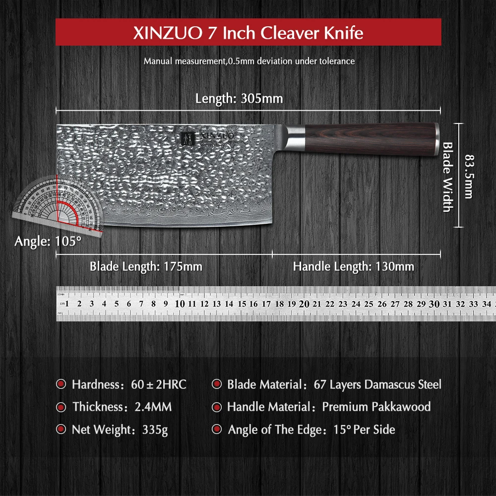 XINZUO 7'' inch Butchers Cleaver Kitchen Knife 67 Layer Damascus Stainless Steel Chinese Chopper Knives with Pakka Wood Handle