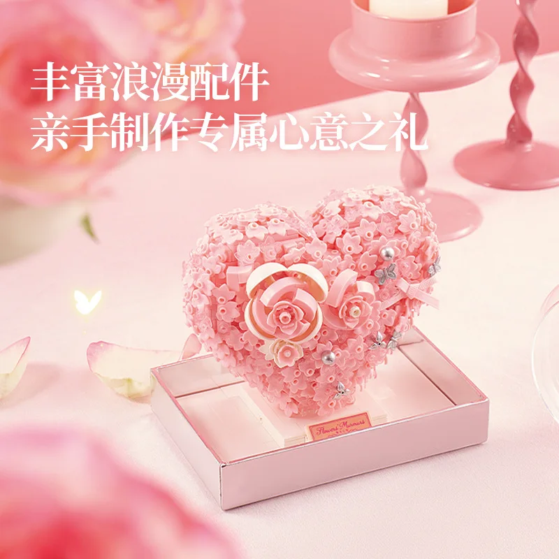 أزهار إبداعية على شكل قلب زهرة بناء الالعاب العملاقة الوردي الأبدية باقة الورد لتقوم بها بنفسك تجميع لعبة الطوب للفتيات امرأة الهدايا #3