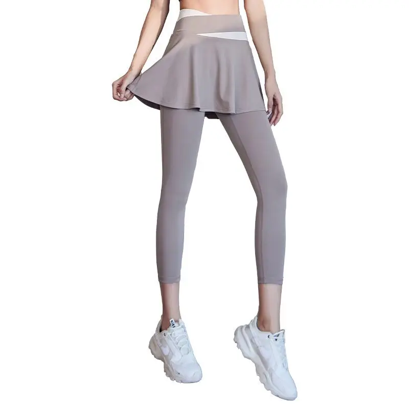 Women High Waist Lift Butt Skirted Yoga Pants Elastic Fake Two Piece Running Fitness Leggings