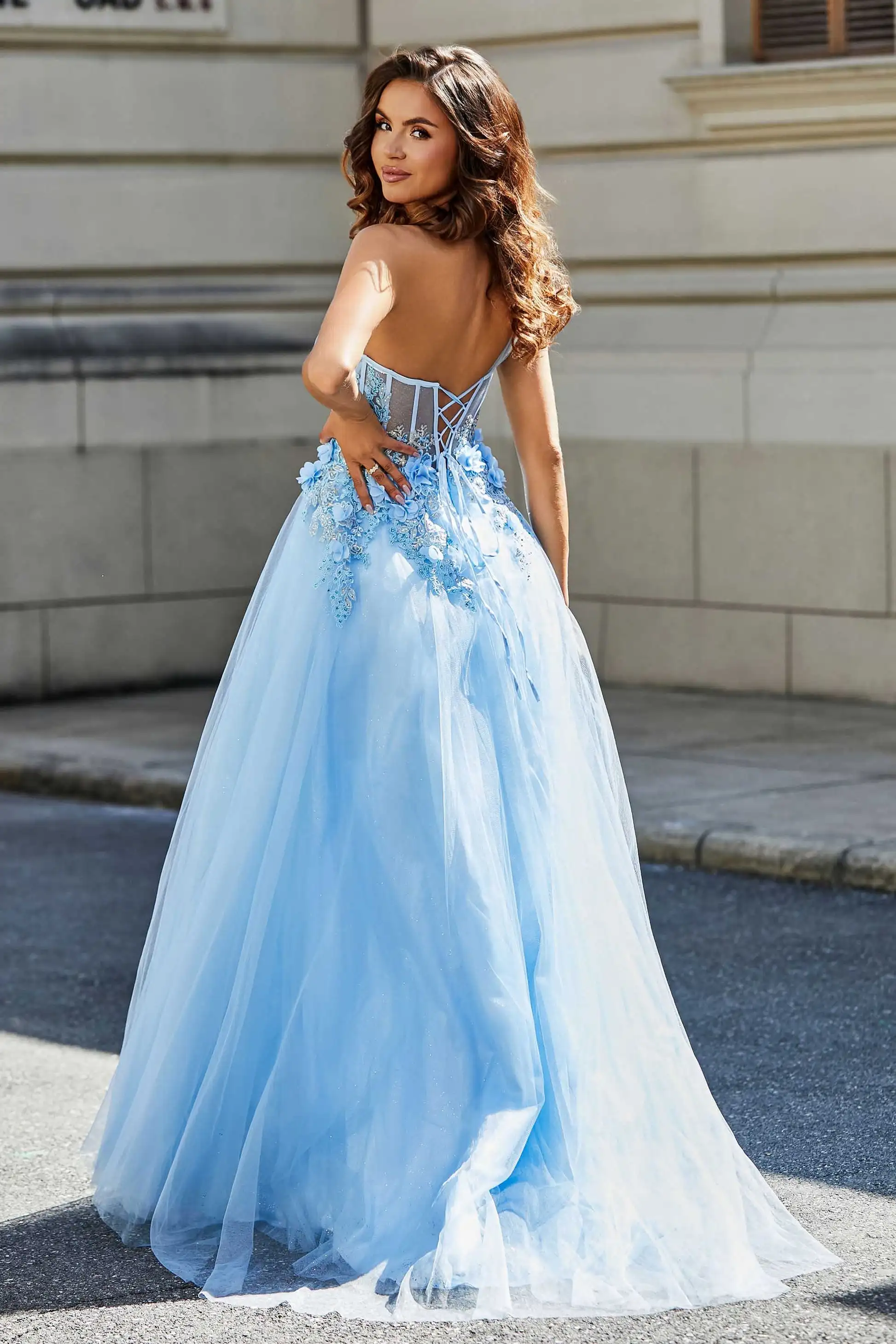 One-Shoulder A-line Long Graduation Dresses Tulle Sweetheart High Slit Backless Prom Gowns 3D Floral Appliques Princess Dress