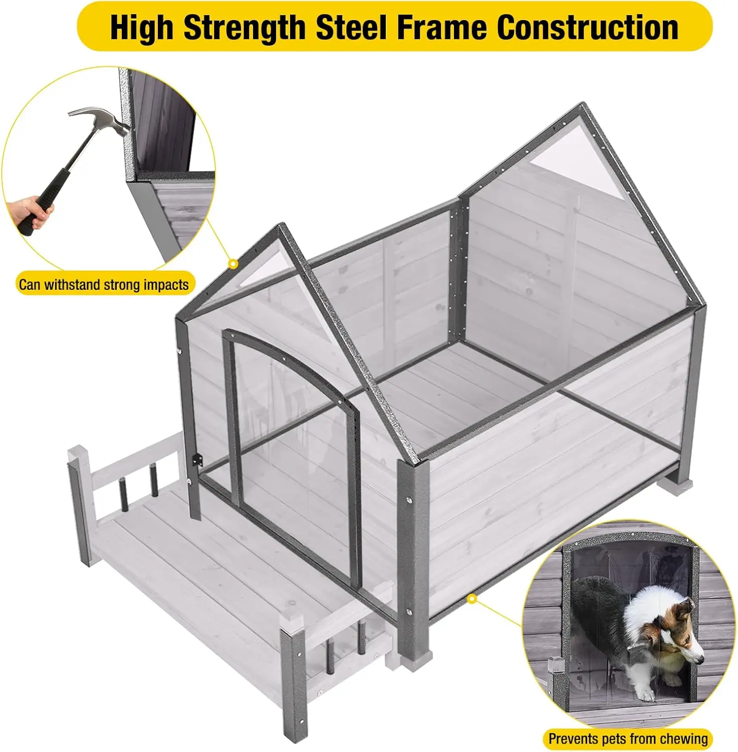 Dog House Outdoor Dog Kennel Outside for Large Breed Weatherproof Large Dog Shelter with Anti-Chewing Iron Frame