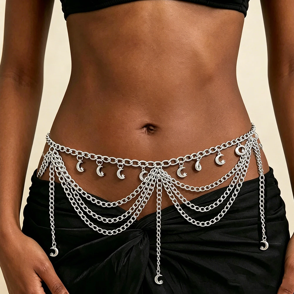 Retro Moon Pendant Metal Hip Belt Women Silver Chain Body Jewelry for Low Rise Jeans Bikini Summer Fashion Trendy Accessory