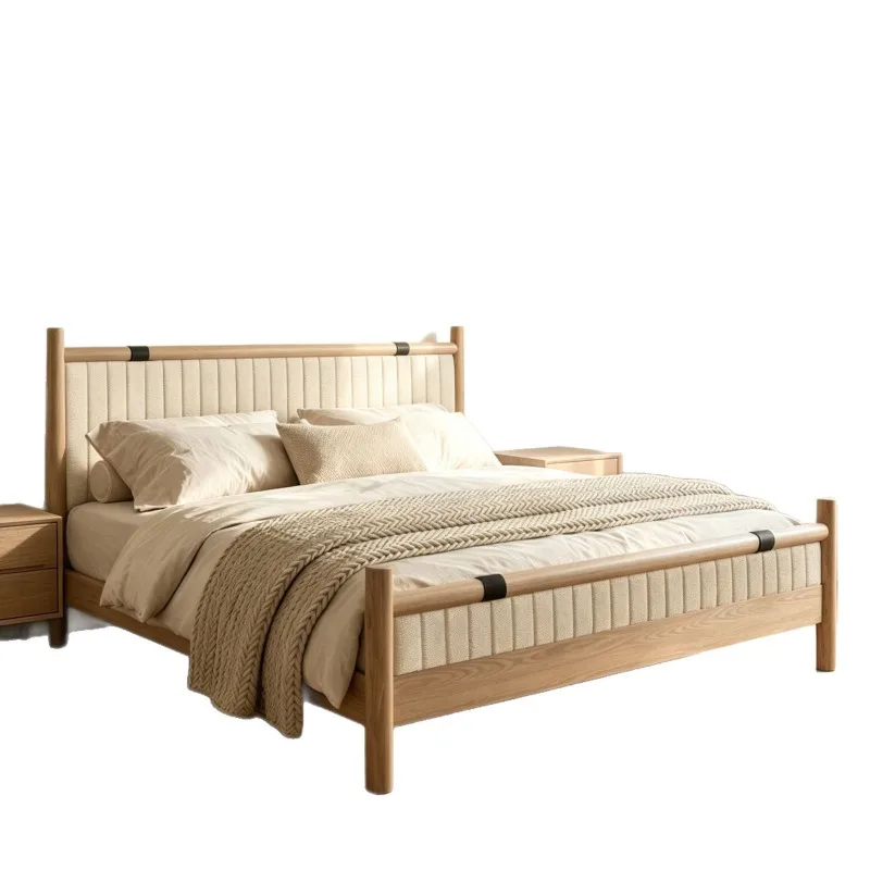 Cream log wind solid wood soft bag bed, modern master bedroom double bed, vertical strip fabric backrest household simple bed