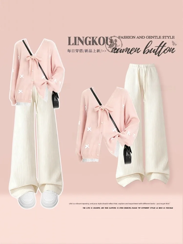 

Soft Style Knitted Two-Piece Set for Women Casual Wide Leg Pants V-Neck Knot High Waist Autumn Winter Fashion Set