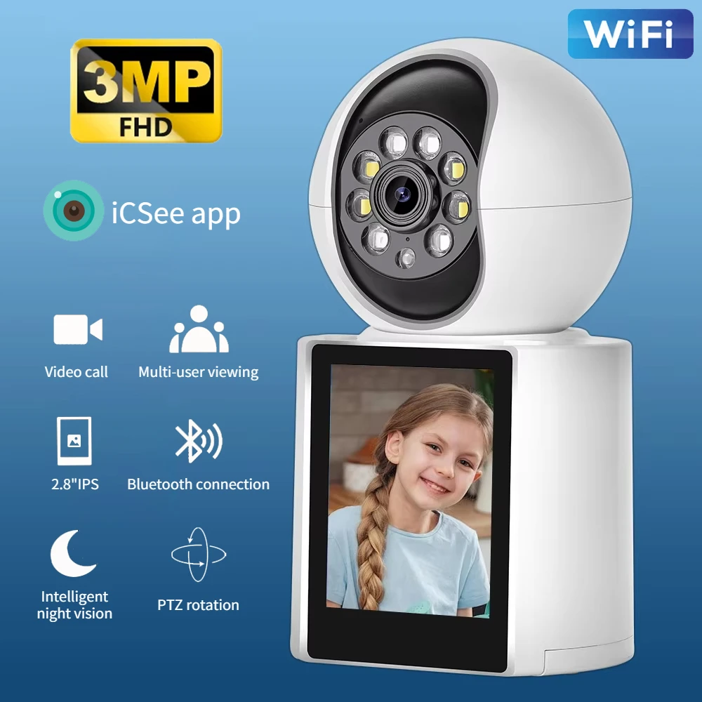 

Wifi Camera Baby Monitor 3MP 2.8 inch Screen Home Security Camera Two Way Audio Video Calling PTZ Wifi IP Camera iCSee App