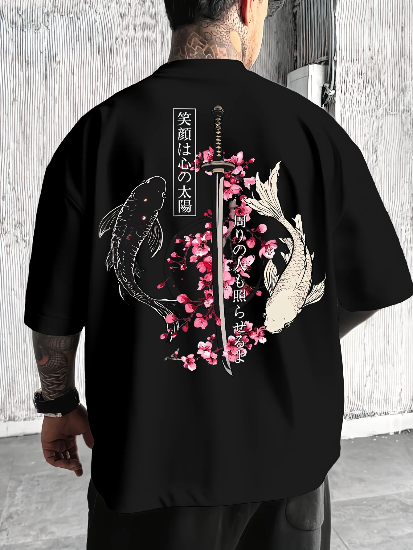 Japanische trendige Mode, neues Sommer-T-Shirt für Herren mit japanischen Samurai-Schwert-Koi-Fisch-Mustern, aus 100 % reiner Baumwolle, weiches Material