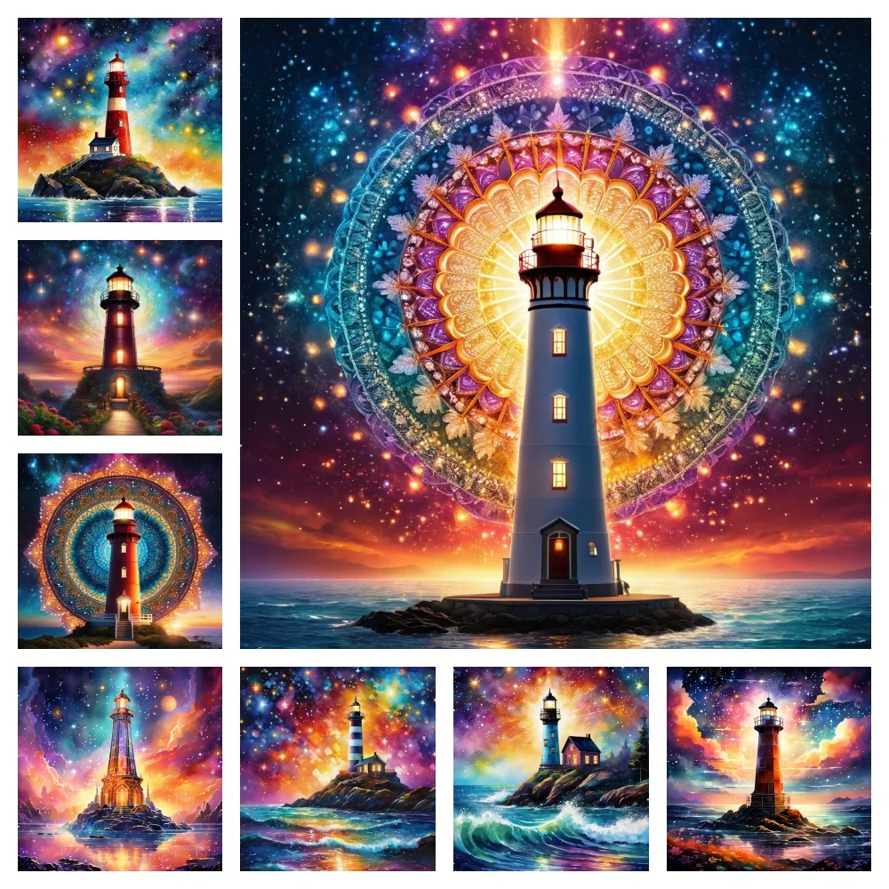 DIY Diamond Painting Seaside Lighthouse Landscape Cartoon Mosaic Embroidery Gorgeous Starry Sky Full Rhinestone Wall Decoration