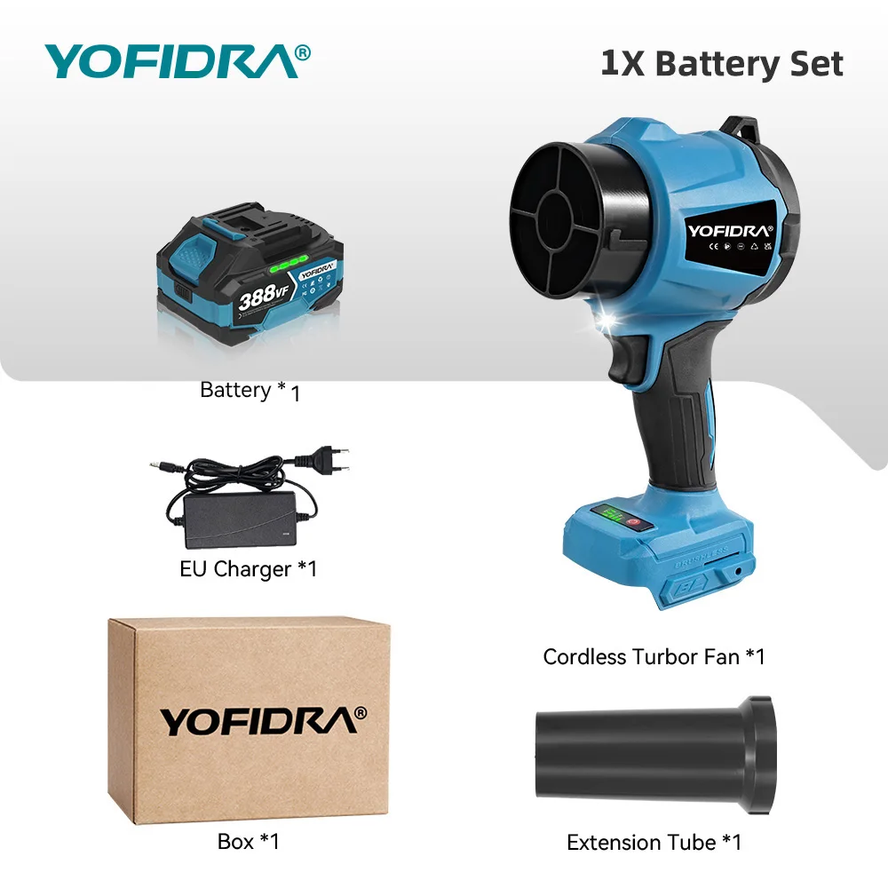 YOFIDRA 350M/S 3000W Borstelloze Elektrische Turbofan Blaasapparaat Draadloze Jet Fan Blad- en Sneeuwblazer Gereedschap voor Makita 21V Accu