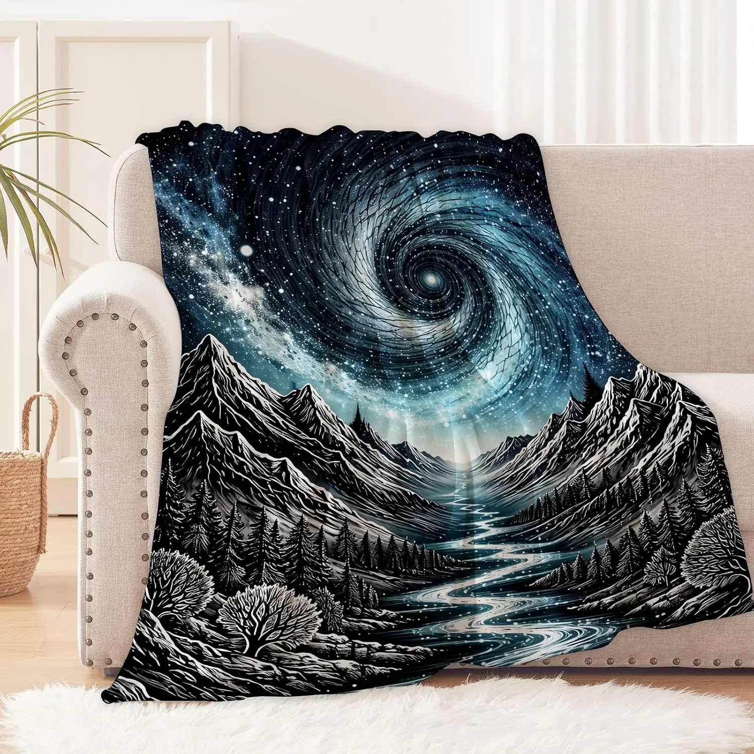 Blue Galaxy Spiral Snow Mountain Pine Tree Warm Fleece Blanket, Thick Soft Fabric for Travel Living Bed Cold Season Warm Keeping