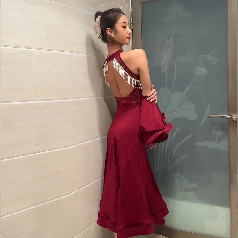 Red Ballroom Dance Dress Women Sexy Backless Competition Wear Sleeveless Tango Social Waltz Split set Dancing Clothes DL10810