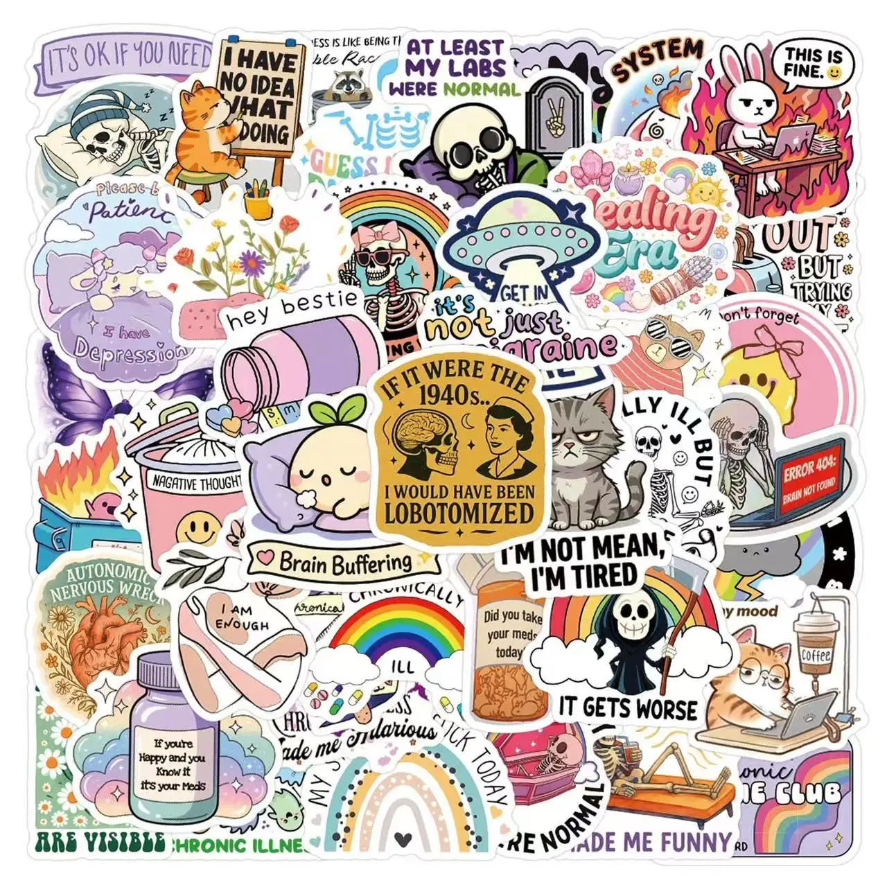 55Pcs High Aesthetic Cool Graffiti Cartoon Animal Quote Stickers, Creative Waterproof Decals for Notebook Phone Decoration