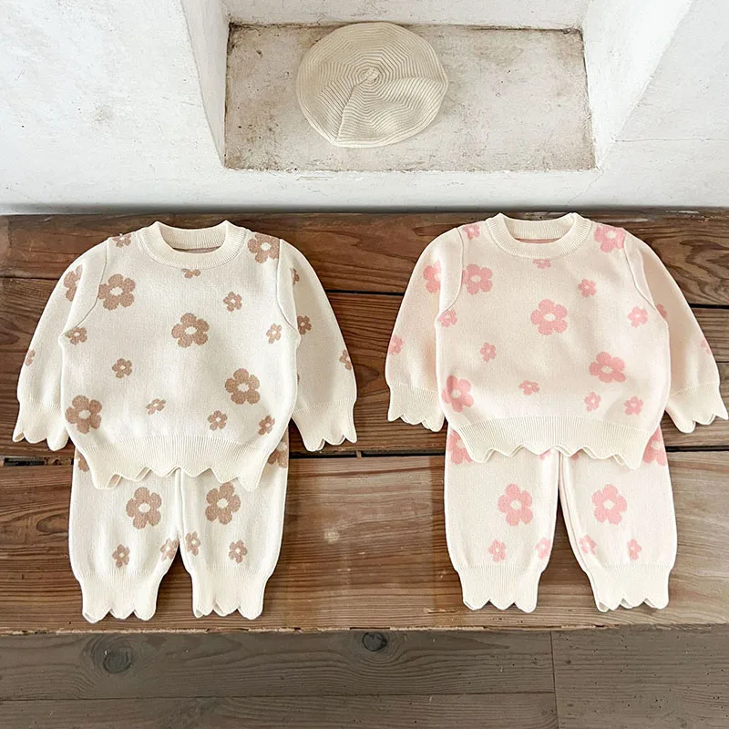 2024 New Autumn Toddler Baby Girl Knitted Clothes Suit Long Sleeved Knitted Printed Pullover Shirt+Pants Children Clothes Set