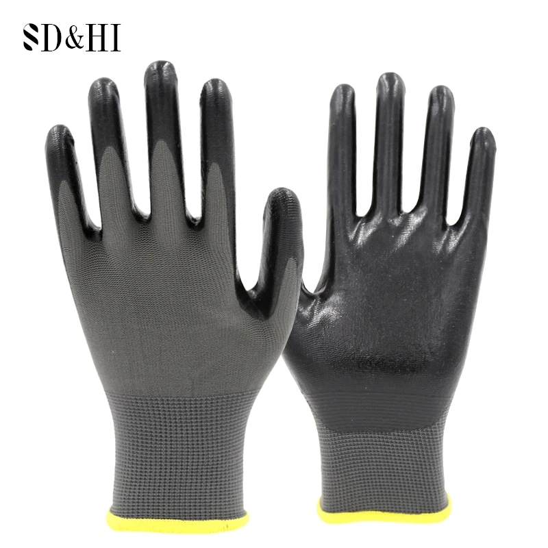 

1 Pair Nitrile Work Gloves 13 Needle Breathable Nylon Liner Abrasion Resistant Level 4 Nitrile Coating On Palm Non-slip