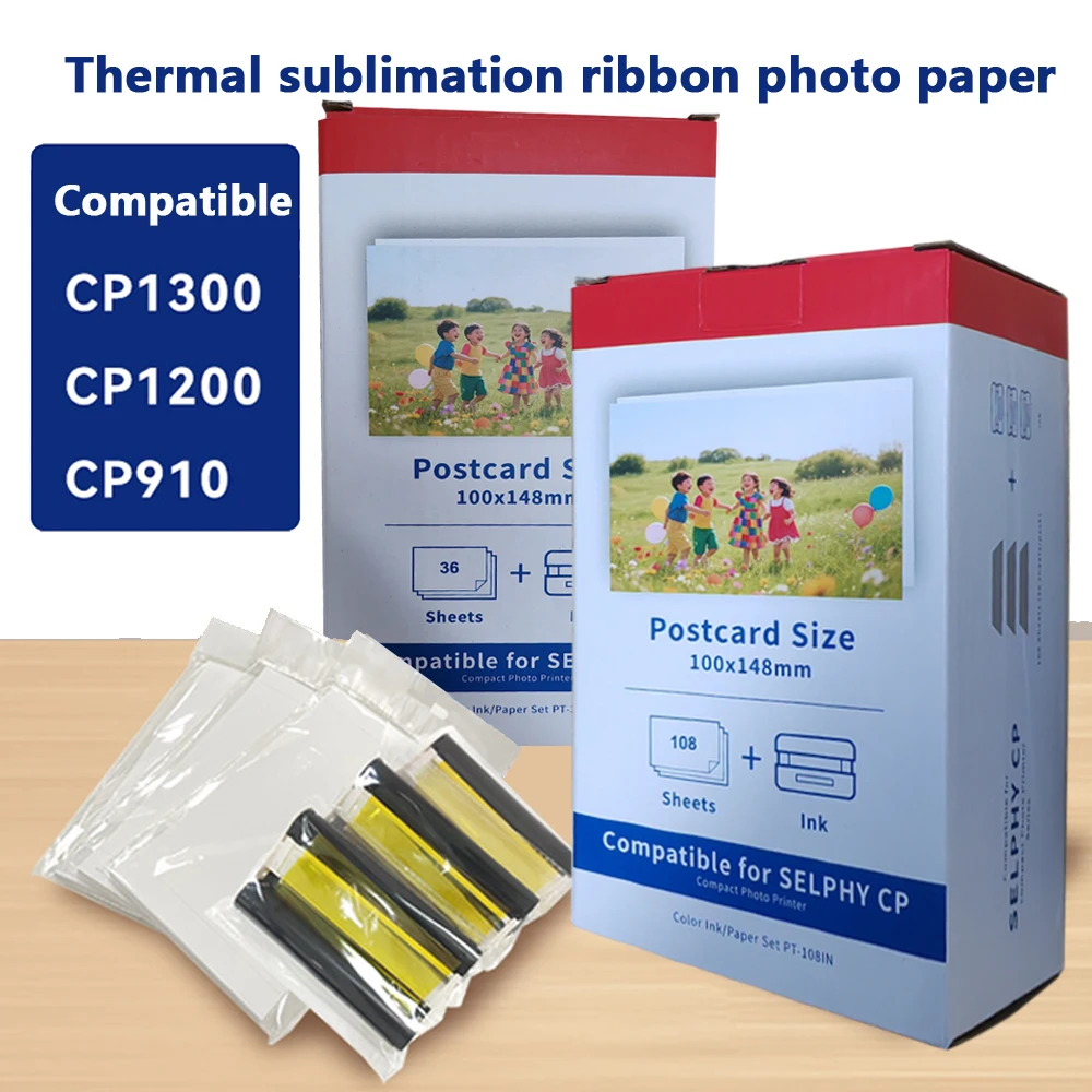 6 Inch Selphy CP1300 Ink and Photo Paper for P Tray Compatible for Canon Selphy CP1500 CP1200 CP910 CP900 Printer KP108IN KP36IN