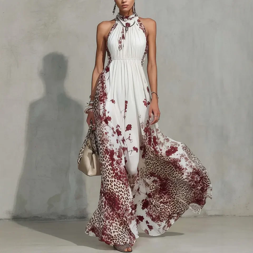 

2026 Spring New Leopard Print Halter Neck Long Dress Women Summer Temperament Waist Cinched Dress