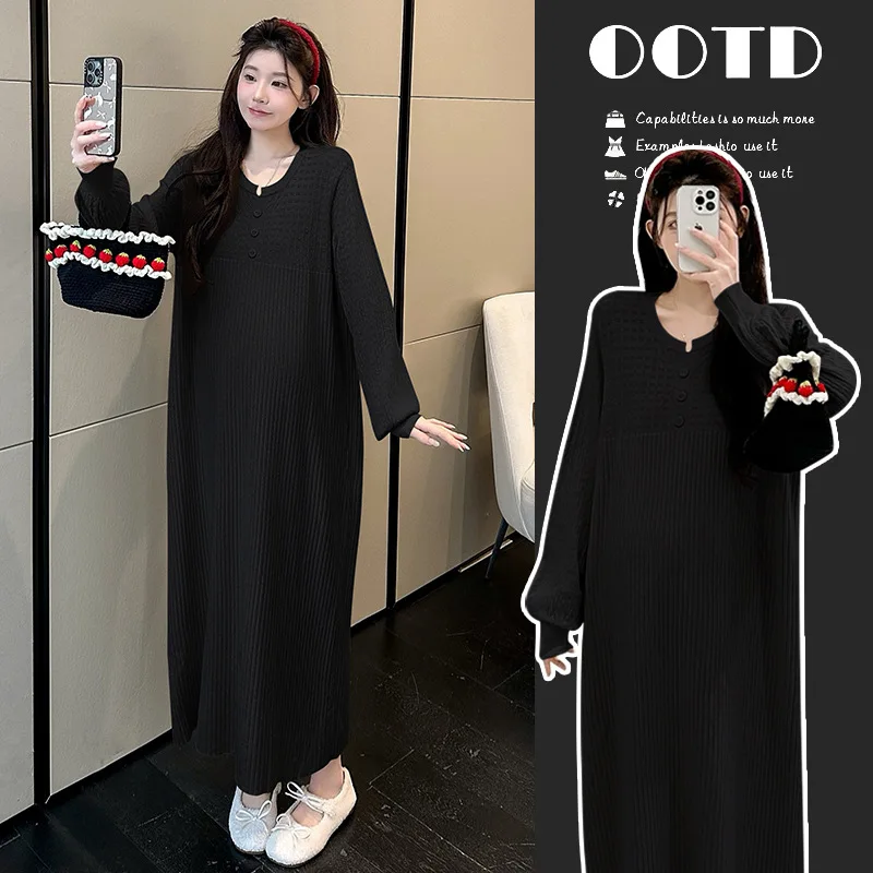 Maternity Dress Autumn And Winter Loose Korean Style A Line Long Sleeve Crew Neck Knitted Sweater Dress Simple Versatile Elegant