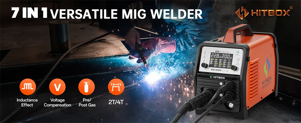 HITBOX MIG-Schweißgerät 220V 200 Ampere 7-in-1 Stick ARC MMA Gaslos/Gas MIG Lift TIG Punktschweißgerät mit Spool Gun, Einzelpuls-Aluminiumschweißgerät, großem LED-Digitalbildschirm und Inverter-Schweißwerkzeug – Detail 1