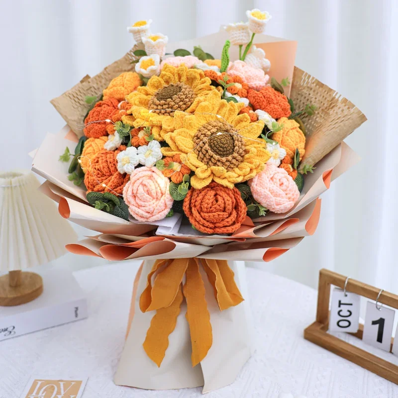 DIY Weaving Knitting Roses Sunflowers Carnations Yarn Bouquets Hand-held Flowers Creativity Birthday Gift for Girlfriend Mothers